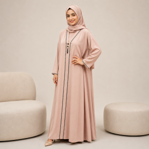 🤎 Zafran Karchupi Lace Abaya with Hijab – Biscuit Colour
